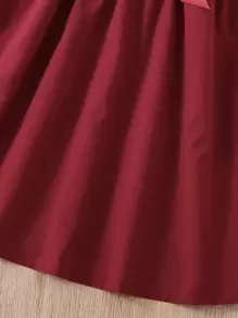 Tween Girl Contrast Lace Ruffle Trim Belted Dress - Red and White - View 3