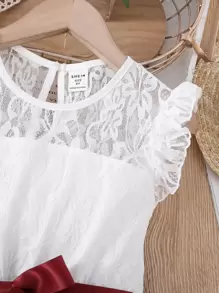 Tween Girl Contrast Lace Ruffle Trim Belted Dress - Red and White - View 5