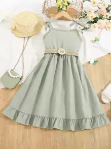 SHEIN Chicas Vestido de tirantes de hombros con cordón bajo con fruncido con cinturón - verde menta - Ver 1