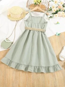 SHEIN Chicas Vestido de tirantes de hombros con cordón bajo con fruncido con cinturón - verde menta - Ver 2