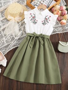 SHEIN Vestido Camisero Con Cinturón, Corte Entallado Para Niñas Jóvenes, Bordado Floral Y Detalle De Volantes - Multicolor - Ver 1