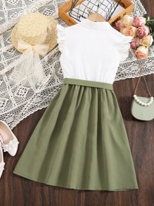 SHEIN Vestido Camisero Con Cinturón, Corte Entallado Para Niñas Jóvenes, Bordado Floral Y Detalle De Volantes - Multicolor - Ver 2