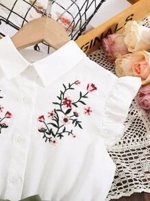 SHEIN Vestido Camisero Con Cinturón, Corte Entallado Para Niñas Jóvenes, Bordado Floral Y Detalle De Volantes - Multicolor - Ver 5