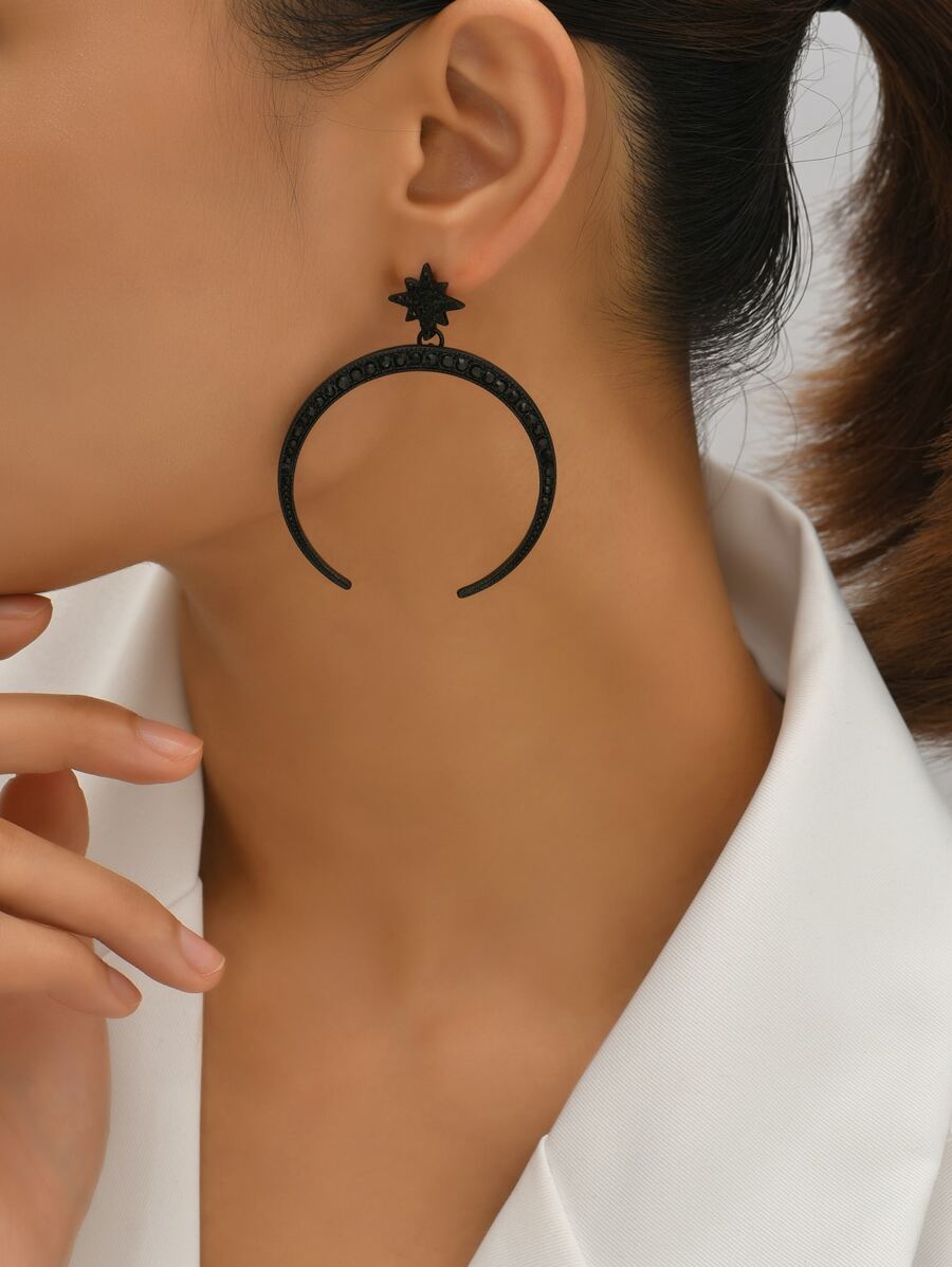 Bông tai thả mặt trăng rhinestone - màu đen - Xem 1