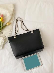 Geometric Embossed Grommet Eyelet Shoulder Tote Bag - Black - View 5