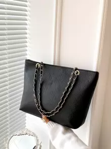 Geometric Embossed Grommet Eyelet Shoulder Tote Bag - Black - View 1