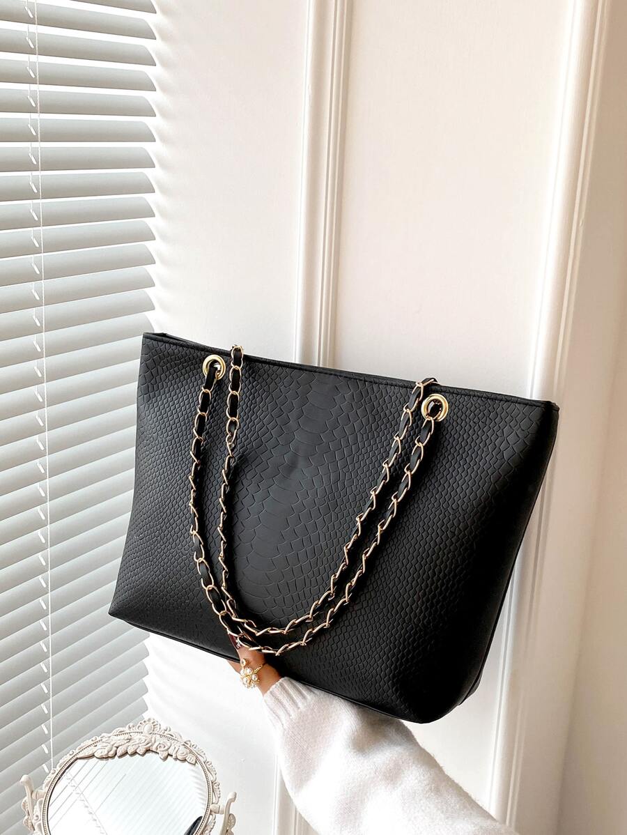 Geometric Embossed Grommet Eyelet Shoulder Tote Bag - Black - View 1