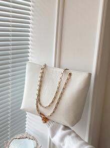 Geometric Embossed Grommet Eyelet Shoulder Tote Bag - White - View 1