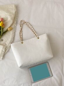 Geometric Embossed Grommet Eyelet Shoulder Tote Bag - White - View 4