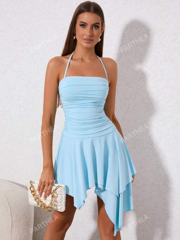 PARTHEA Ruched Asymmetrical Hem Tie Backless Ruched Halter Dress