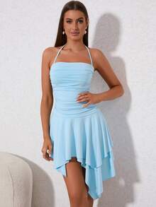 PARTHEA Ruched Asymmetrical Hem Tie Backless Ruched Halter Dress - Baby Blue - View 3