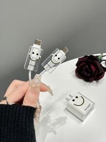 3 piezas expresión & con estampado de letra Cabeza de cargador Funda & Protector de cable de dato Set - Multicolor - Ver 5