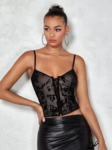 SHEIN BAE Floral Print Lace Up Front Cami Top - Black - View 1