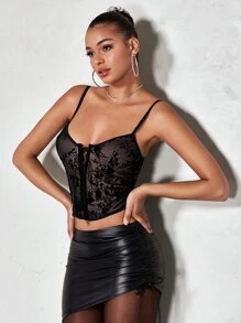SHEIN BAE Floral Print Lace Up Front Cami Top - Black - View 3