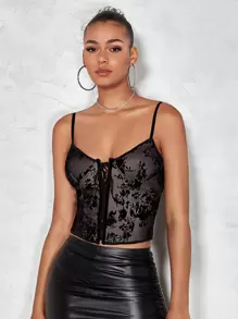 SHEIN BAE Floral Print Lace Up Front Cami Top - Black - View 5