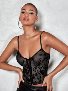 SHEIN BAE Floral Print Lace Up Front Cami Top - Black - View 6