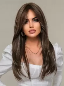 Pelucas de reflejos marrón de 20 pulgadas de cabello sintético recto con flequillo para mujeres, pelucas de reemplazo de cabello para fiestas, cosplay y uso diario - Color Piano - Ver 1