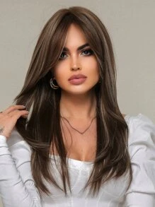 Pelucas de reflejos marrón de 20 pulgadas de cabello sintético recto con flequillo para mujeres, pelucas de reemplazo de cabello para fiestas, cosplay y uso diario - Color Piano - Ver 4