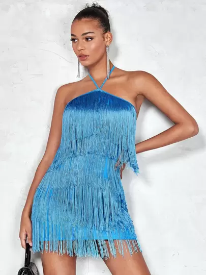 SHEIN BAE Fringe Trim Tie Backless Halter Bodycon Dress