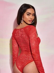 SHEIN BAE Sweetheart Neck Lace Bodysuit - Red - View 2