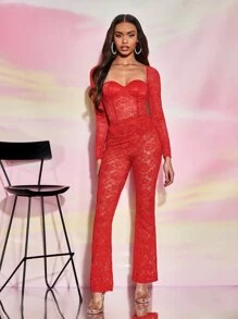 SHEIN BAE Sweetheart Neck Lace Bodysuit - Red - View 3