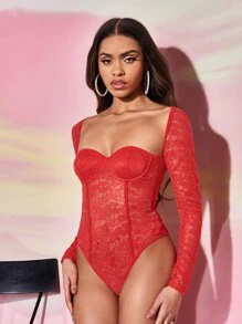 SHEIN BAE Sweetheart Neck Lace Bodysuit - Red - View 4