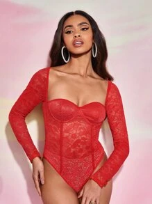 SHEIN BAE Sweetheart Neck Lace Bodysuit - Red - View 5