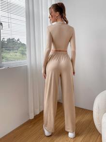 Muchica Solid Crop Tee & Wide Leg Pants - Khaki - View 2