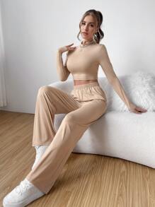 Muchica Solid Crop Tee & Wide Leg Pants - Khaki - View 6