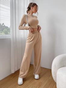 Muchica Solid Crop Tee & Wide Leg Pants - Khaki - View 5