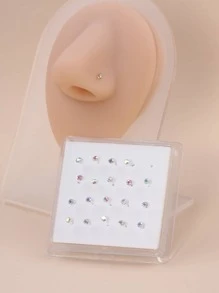 20pcs/set Rhinestone Decor Nose Stud Copper Crystal Punk Piercing For Men And Women - Make A Bold Statement With This Edgy Body Jewelry Gift - Silver - View 1