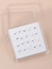 20pcs/set Rhinestone Decor Nose Stud Copper Crystal Punk Piercing For Men And Women - Make A Bold Statement With This Edgy Body Jewelry Gift - Silver - View 2