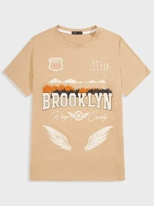 ROMWE MEN 男士字母圖案T恤 - 杏色 - 查看 1