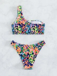 Allover Print One Shoulder Summer Beach Bikini Set - Multicolor - View 2