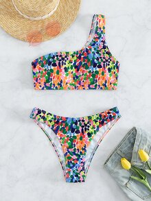 Allover Print One Shoulder Summer Beach Bikini Set - Multicolor - View 6