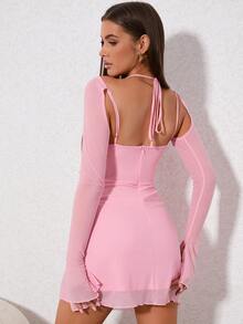 PARTHEA Draped Front Flounce Sleeve Ruched Side Split Hem Mesh Dress - Baby Pink - View 2