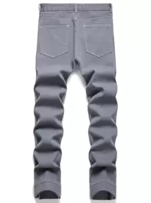 Jeans slim de pierna recta desgarrados y deshilachados para hombres - Gris - Ver 2