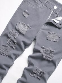 Jeans slim de pierna recta desgarrados y deshilachados para hombres - Gris - Ver 6