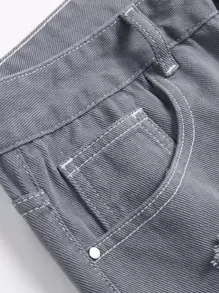 Jeans slim de pierna recta desgarrados y deshilachados para hombres - Gris - Ver 7