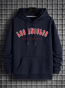 Men Letter Graphic Kangaroo Pocket Drawstring Thermal Hoodie - Navy Blue - View 1