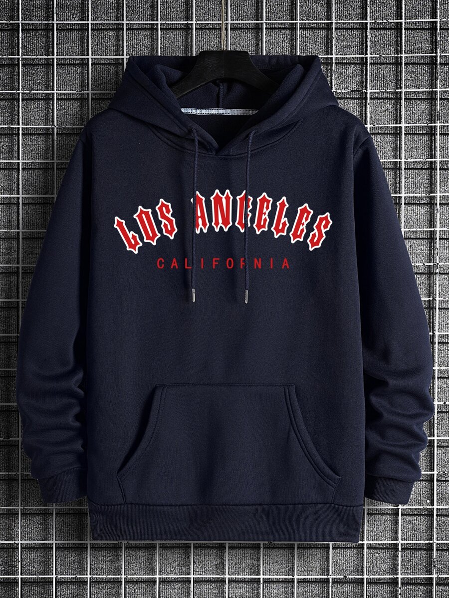 Men Letter Graphic Kangaroo Pocket Drawstring Thermal Hoodie - Navy Blue - View 1