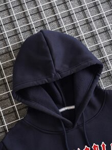 Men Letter Graphic Kangaroo Pocket Drawstring Thermal Hoodie - Navy Blue - View 3