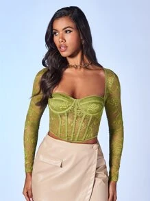 SHEIN BAE Sweetheart Neck Bustier Lace Top - Lime Green - View 1