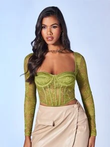 SHEIN BAE Sweetheart Neck Bustier Lace Top - Lime Green - View 3