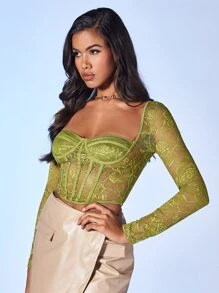 SHEIN BAE Sweetheart Neck Bustier Lace Top - Lime Green - View 4