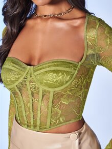 SHEIN BAE Sweetheart Neck Bustier Lace Top - Lime Green - View 5