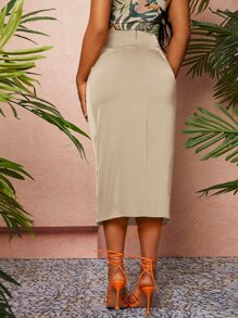 SHEIN SXY Ruched Draped Front Slit Skirt - Champagne - View 2