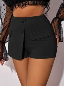 SHEIN SXY 翻蓋細節前紐扣裙裤 - 黑色 - 查看 4