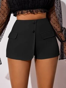 SHEIN SXY 翻蓋細節前紐扣裙裤 - 黑色 - 查看 5