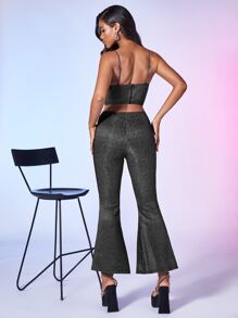 SHEIN BAE Glitter Cami Top & Split Hem Flare Leg Trousers - Dark Grey - View 2